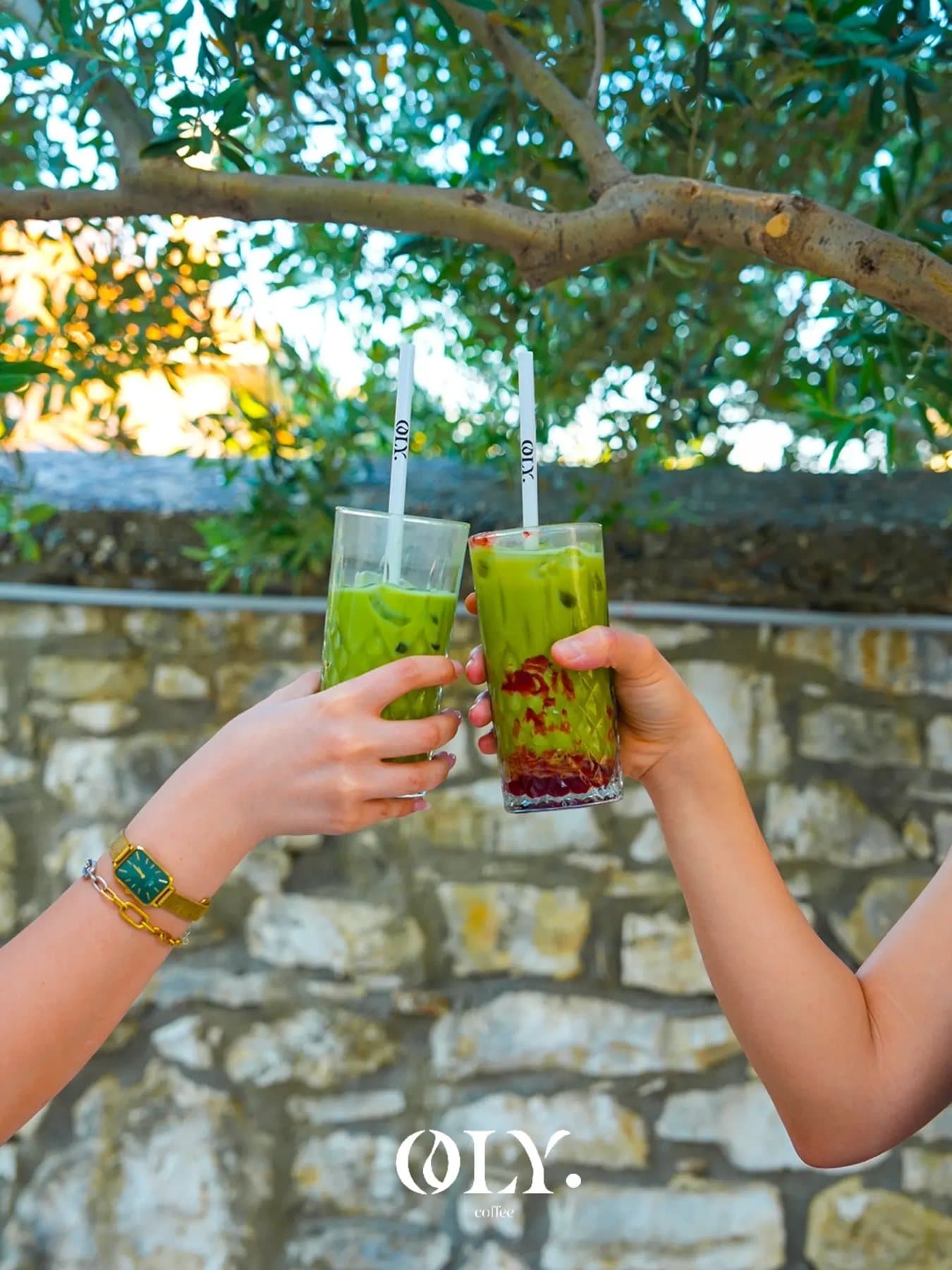 Zeytin ağacının altında tokuşturulan iki buzlu matcha